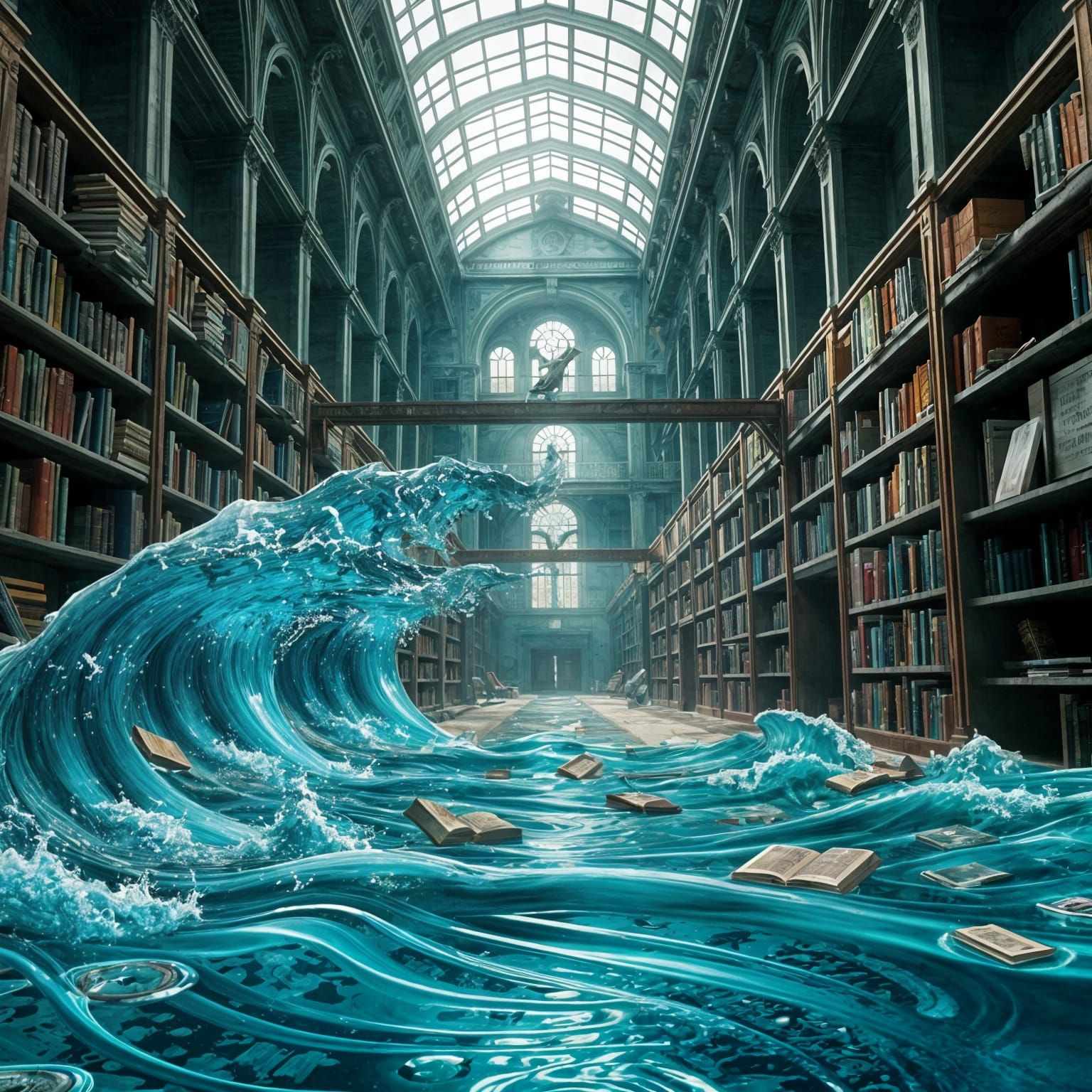 Abandoned Library Flooded with Turquoise Waves