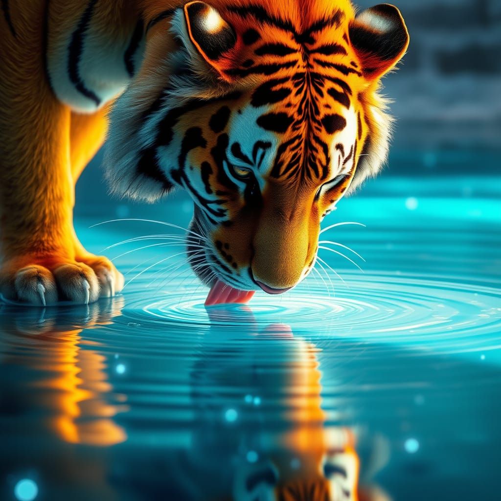 Majestic Tiger Basks in Bioluminescent River Glow