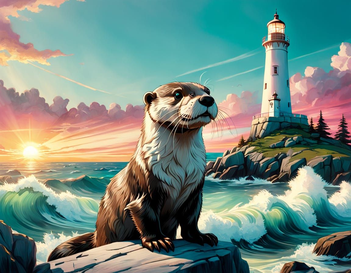 Otter and Lighthouse in Golden Light