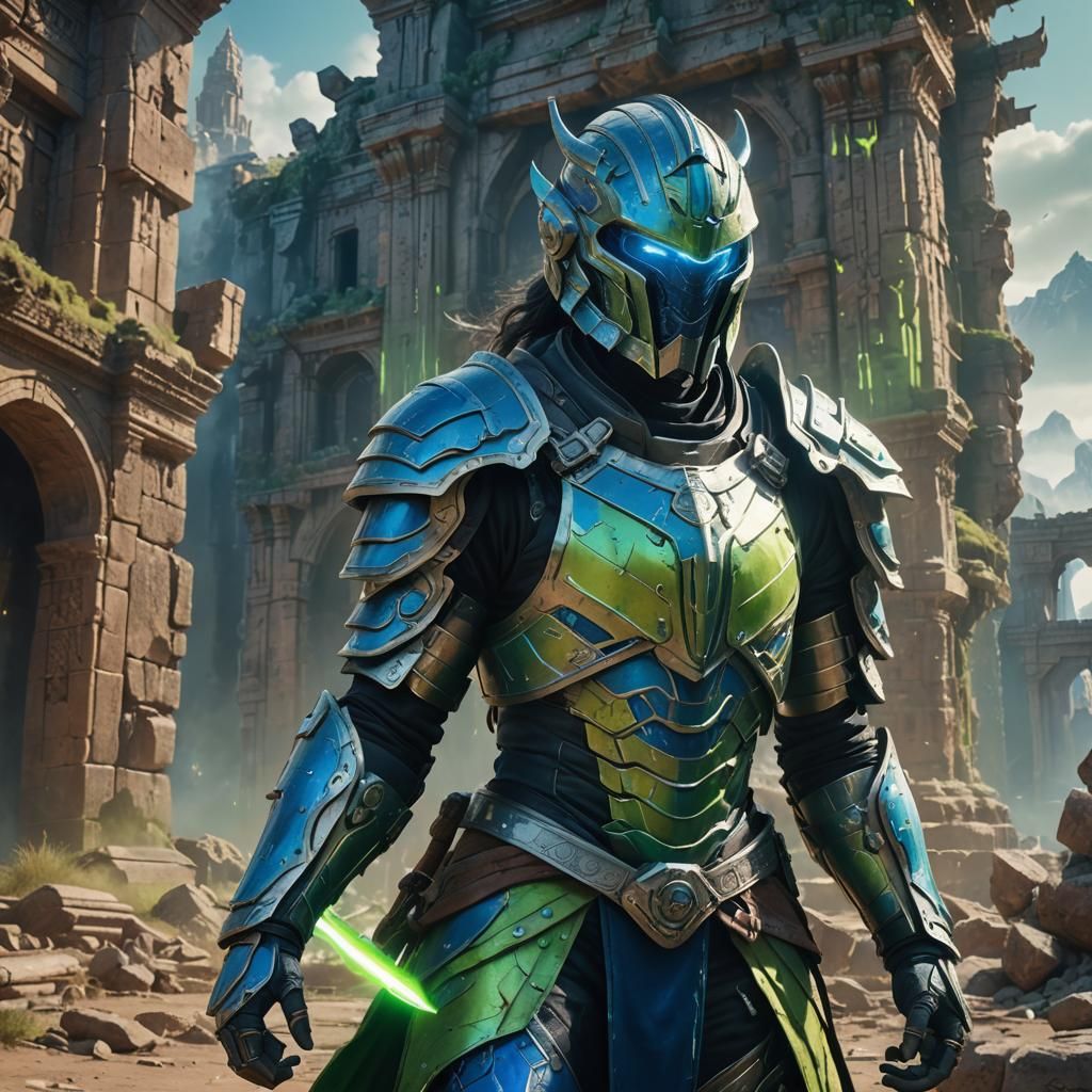 Fantasy Warrior in Glowing Ruins: Digital Art