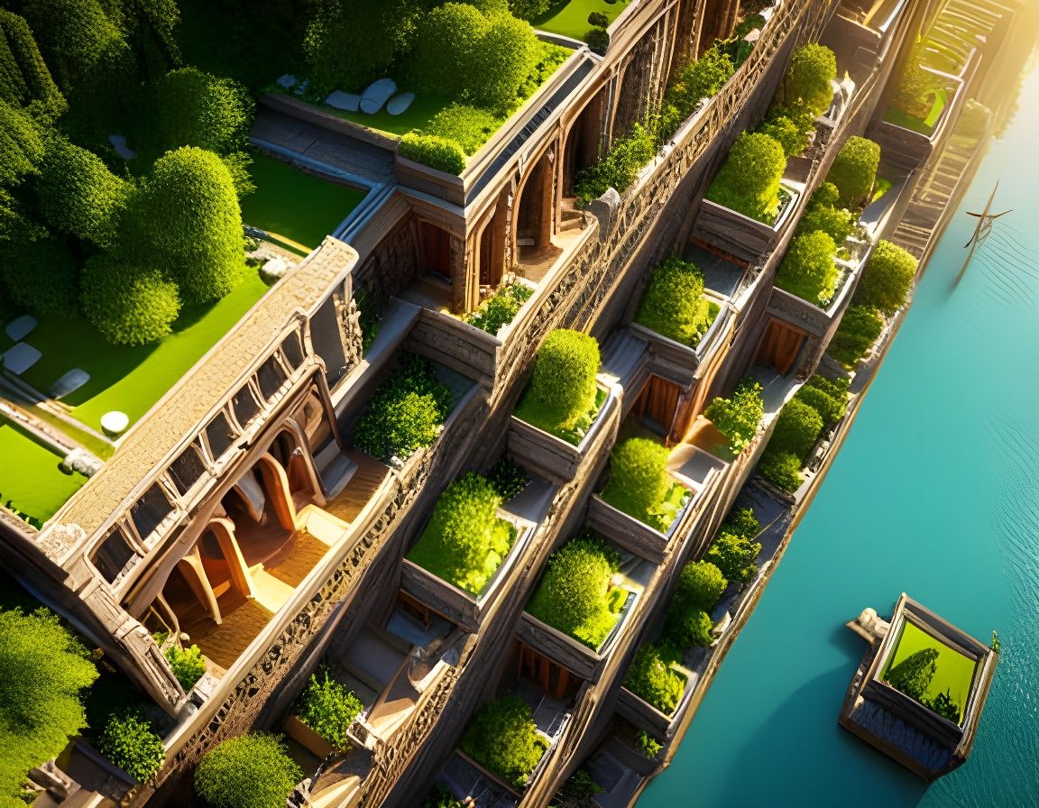 Hanging Gardens of Babylon in Hyperrealistic Style