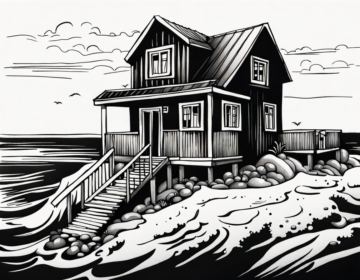 Minimalist Ink Drawing of a House by the Sea