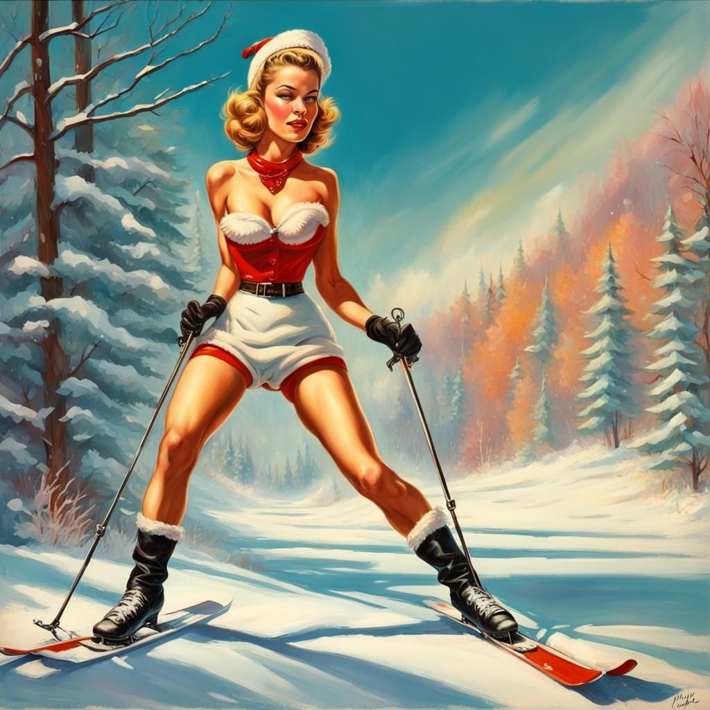 1950s Pin-Up Girl Skis in Winter Wonderland