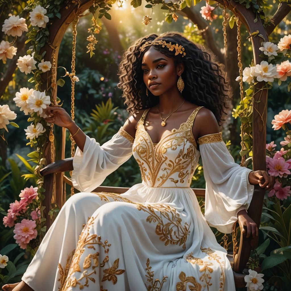 Magical Girl on Swing in Hyperrealistic Garden