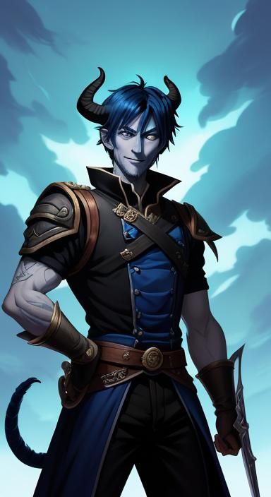 Blue Tiefling Warrior in Anime Style