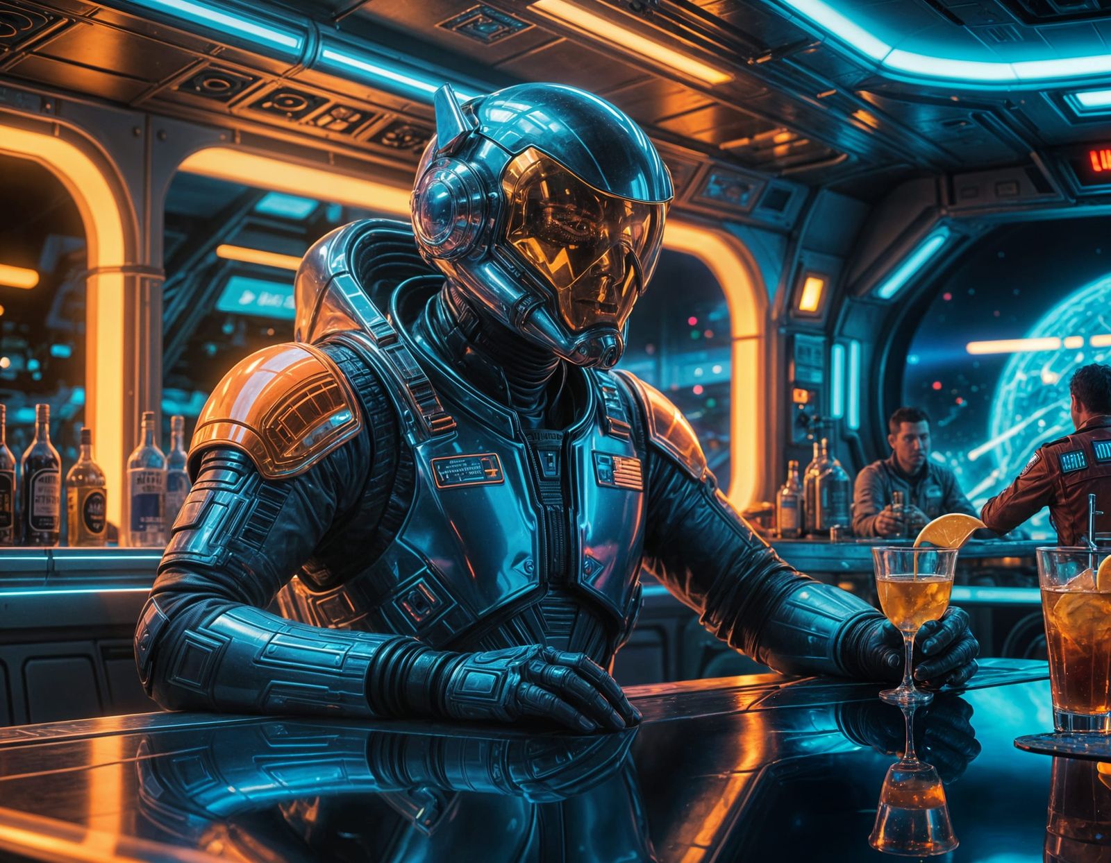 Zanarian Space Pilot at Neon Bar: Hyperrealistic Digital Art