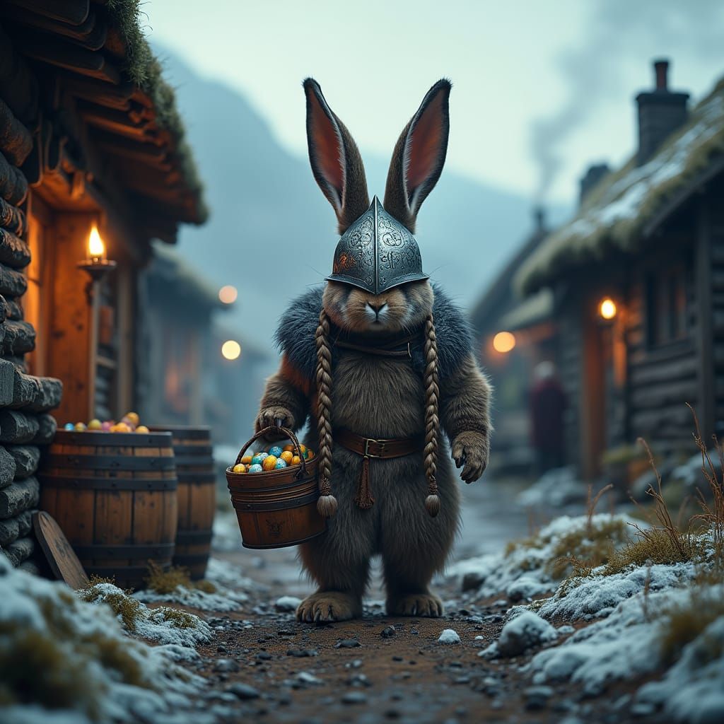 Viking Easter Bunny in Traditional Norse Village