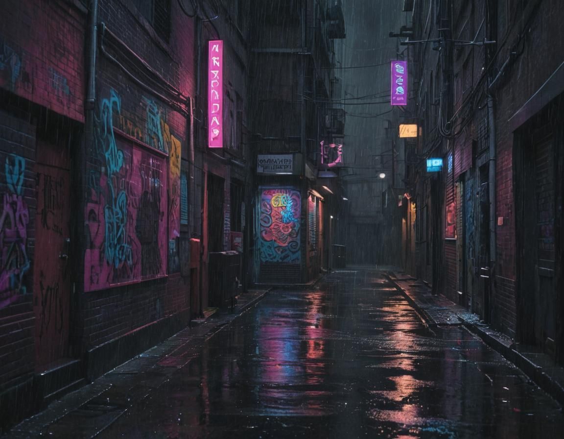 Rainy day in neon alley