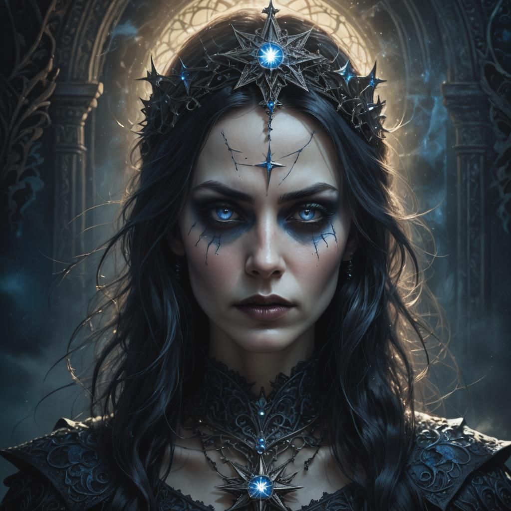 Evil Gothic Woman Wields Morningstar in Dark Fantasy Portrai...