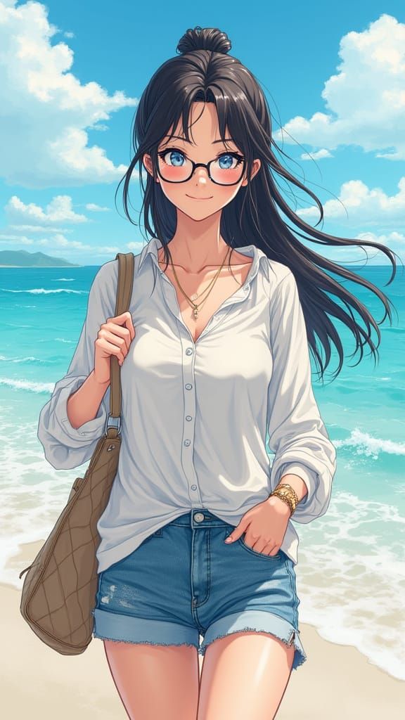 Woman on Japanese Beach in Manga 2D Style