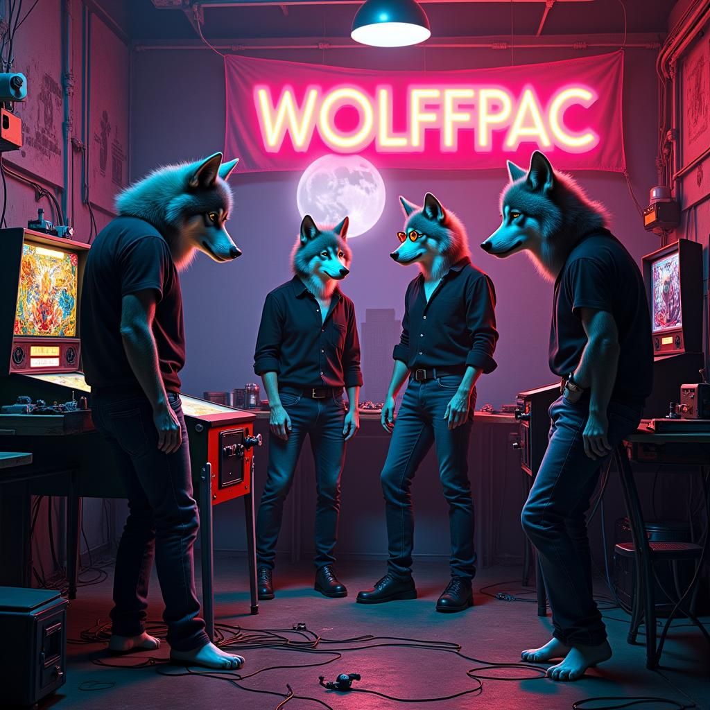 Wolves in Electronics Lab with Pinball Machine