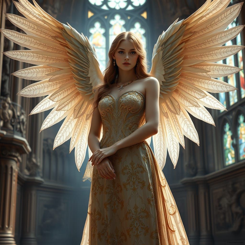 Serene Angelic Figure in Golden Gown with Majestic Wings