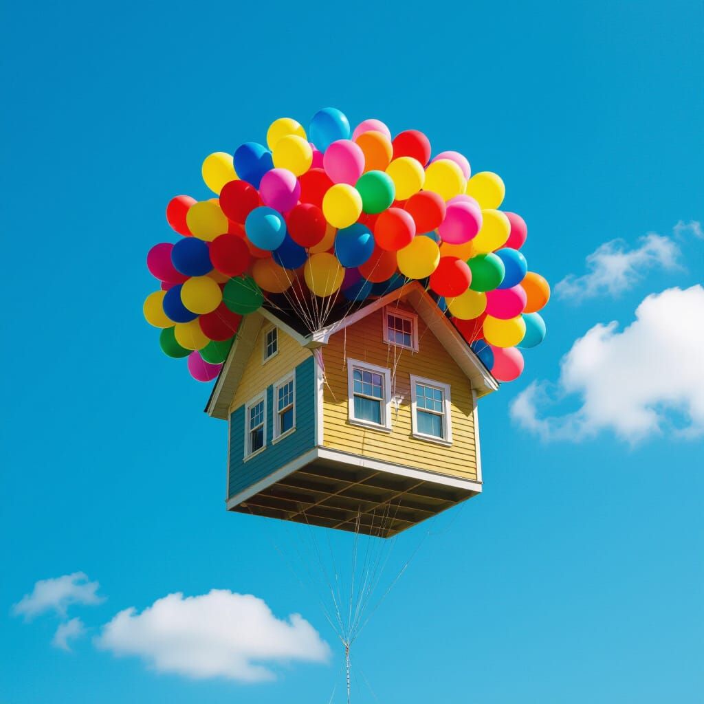 Colorful House Soaring Skyward with Balloons
