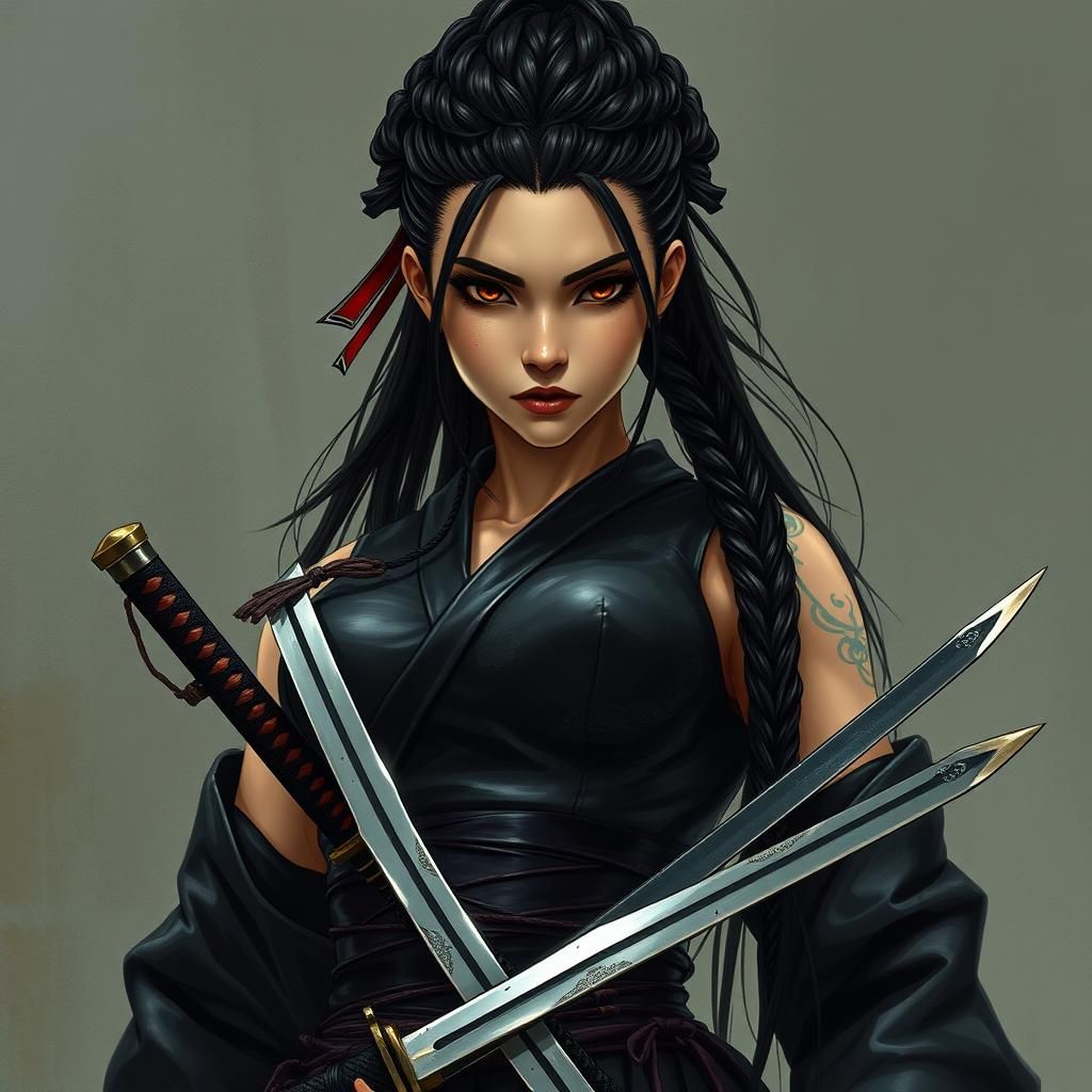 Fierce Ceramic Woman Warrior with Hattori Swords