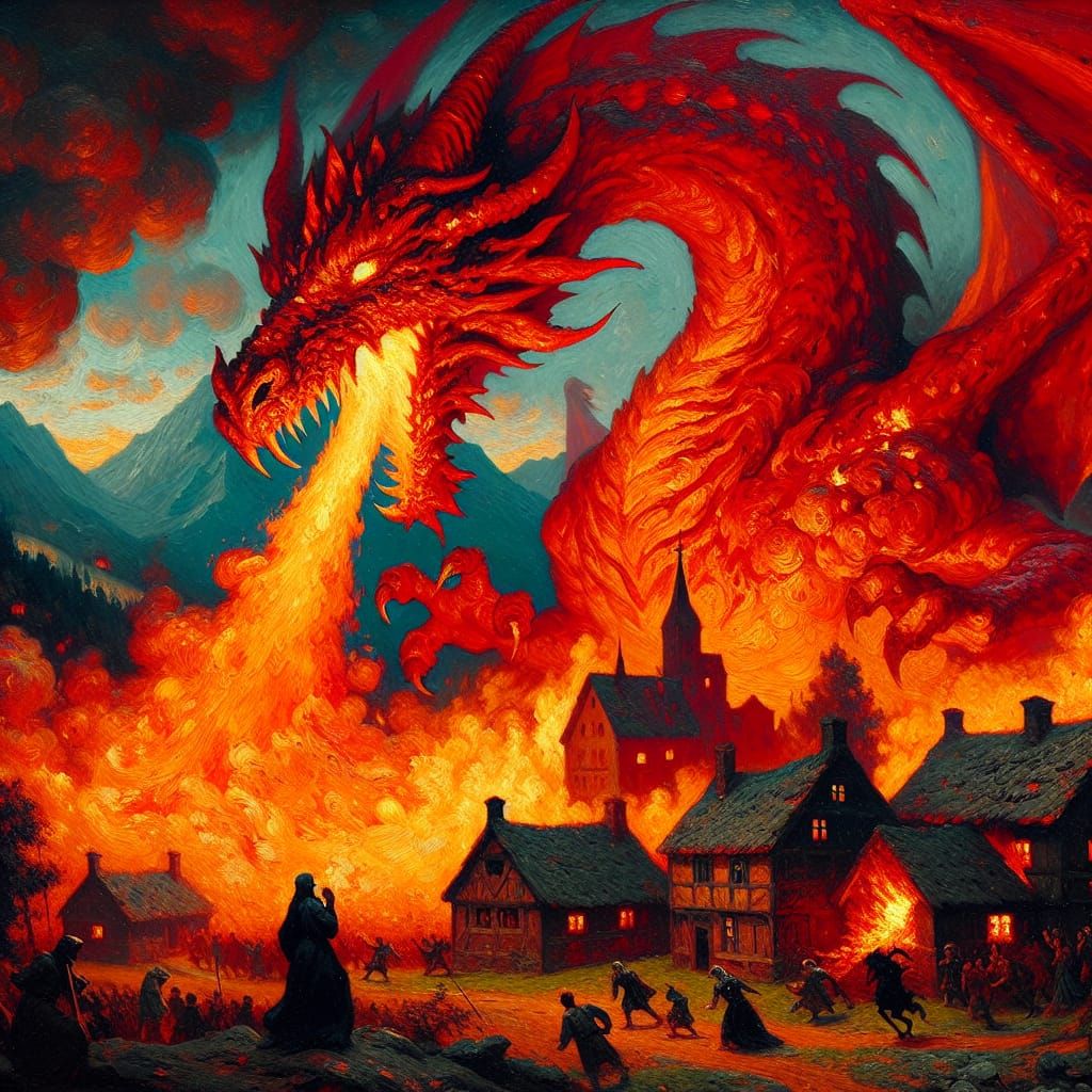 Red Dragon Unleashes Fiery Havoc: Impasto Painting