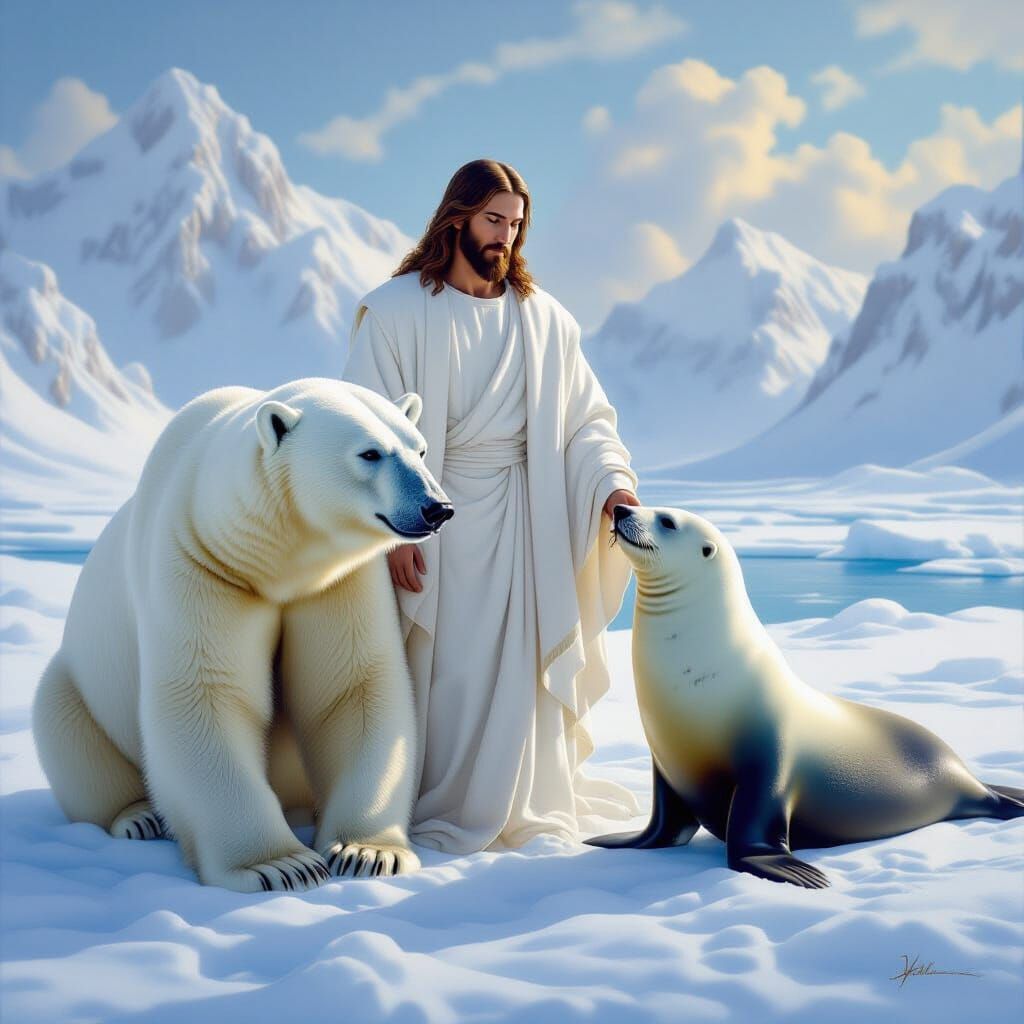 Jesus Christ with Polar Bear and Seal in Arctic