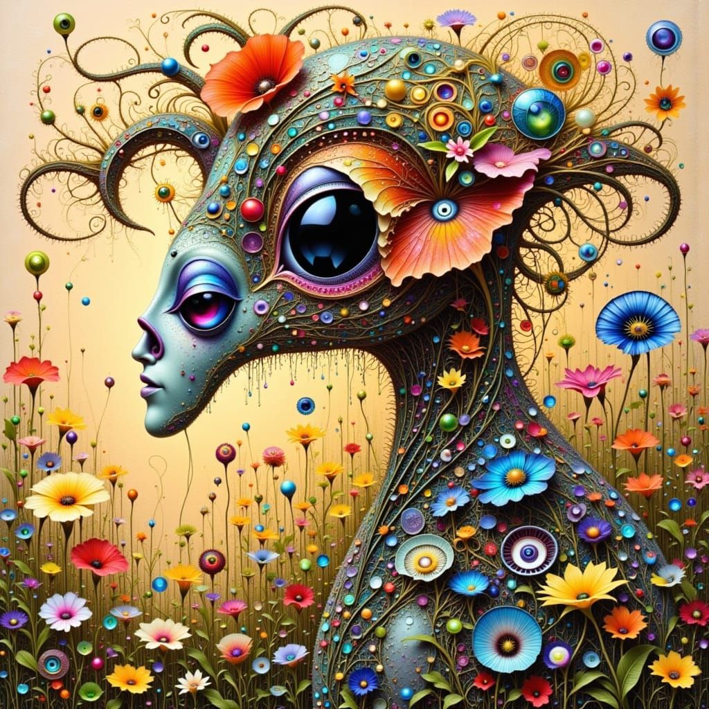 Ethereal Robot Goat Friend in Abstract Patchwork Style