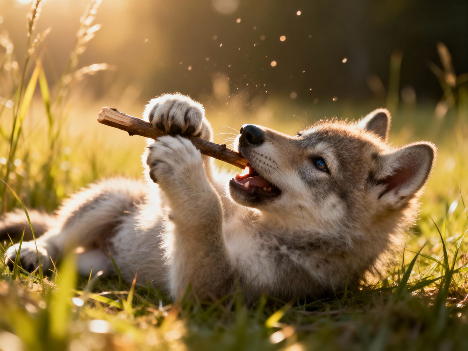 Fluffy Wolf Pup Plays in Sunlit Grass