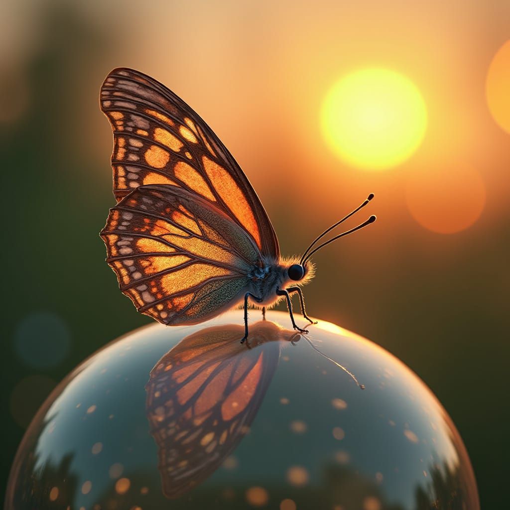Butterfly on a Bubble Reflecting Sunset Colors