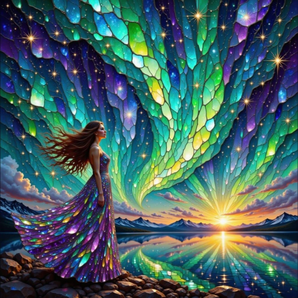 Woman Gazes at Aurora Borealis in Diamond Art Style