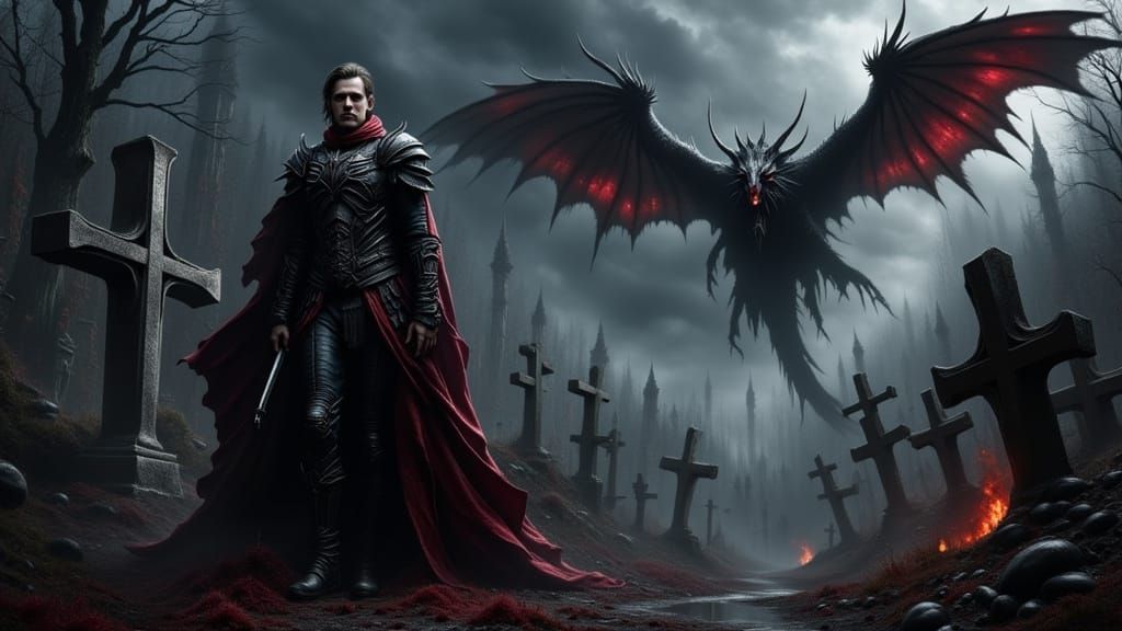 Gothic Warrior in Graveyard with Dragon, Dark Fantasy Art