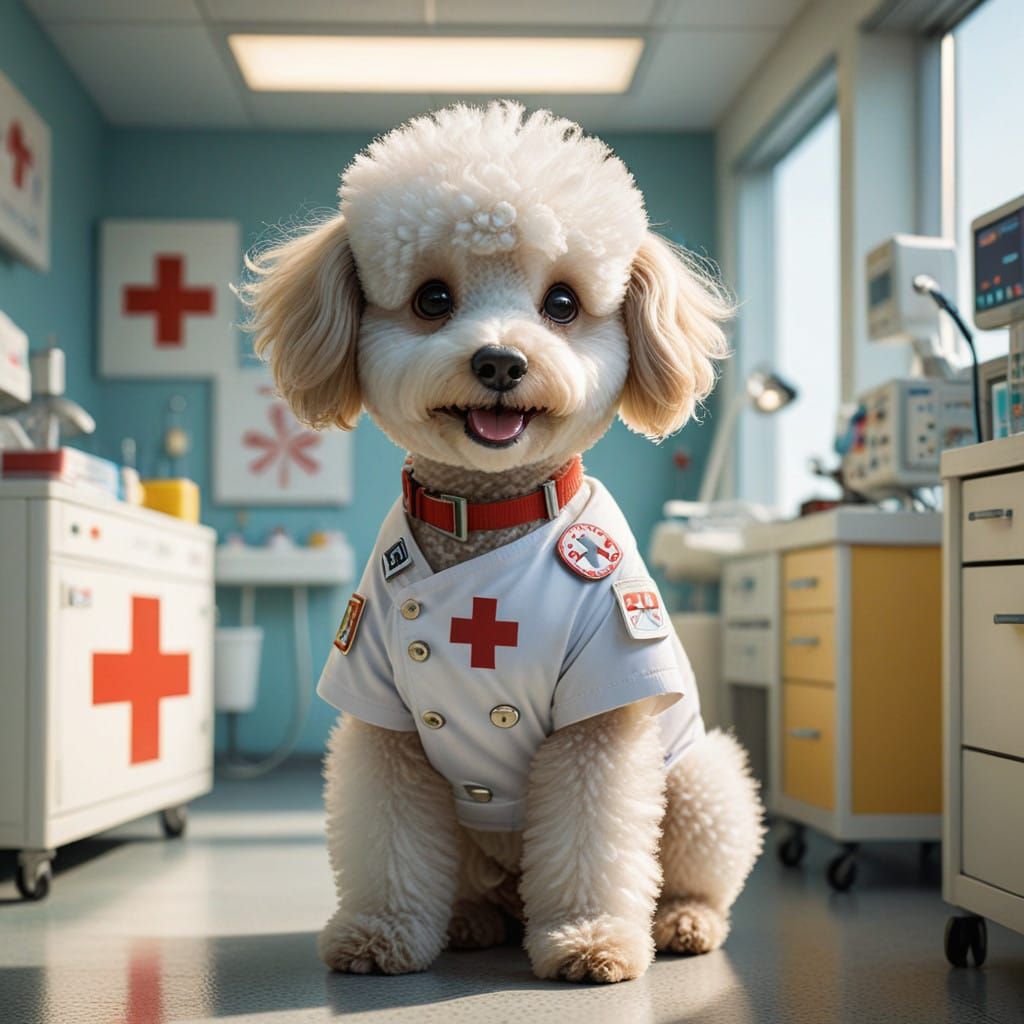 Cute Poodle Nurse in Whimsical Hospital Setting