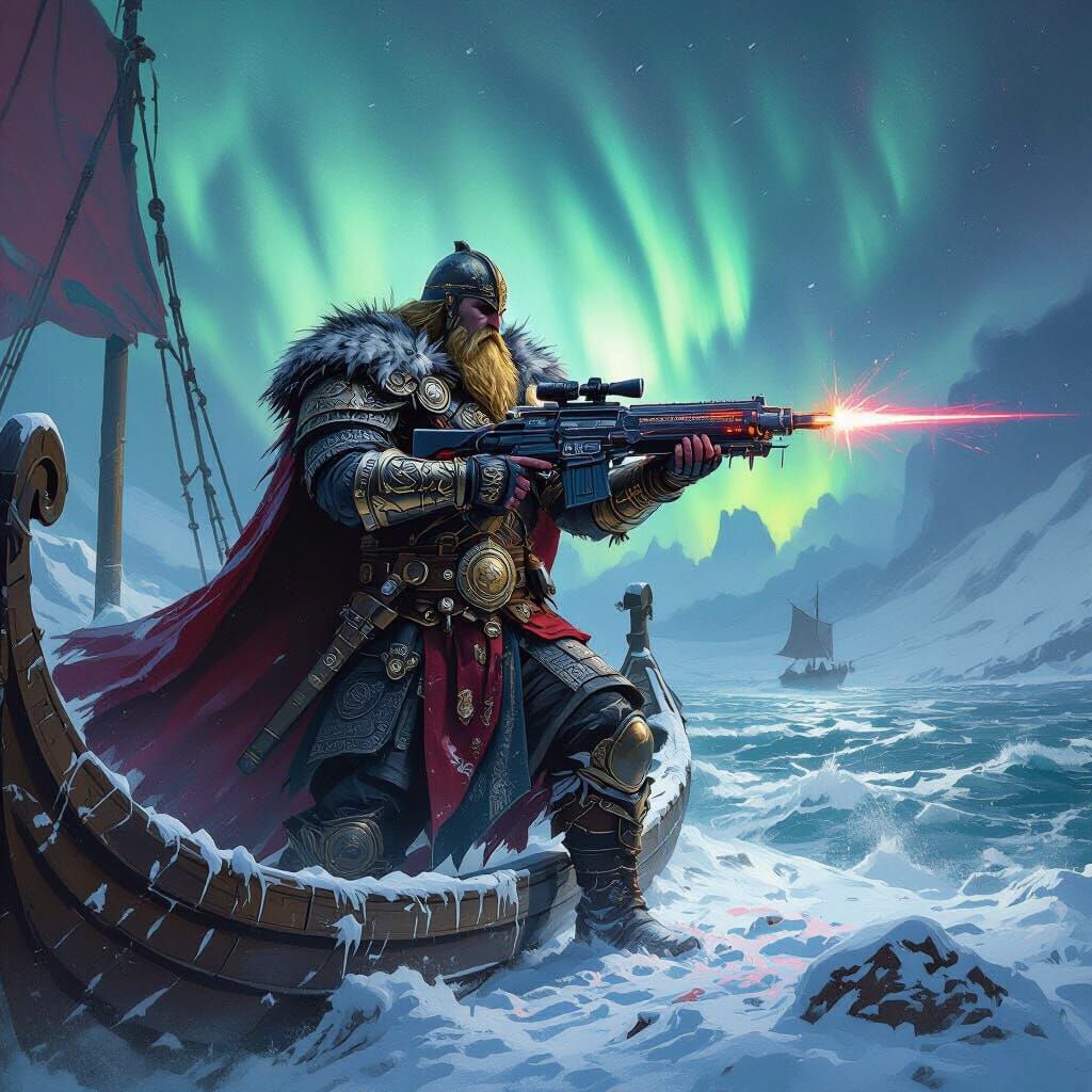 Viking Warrior With Laser Rifle on Longship