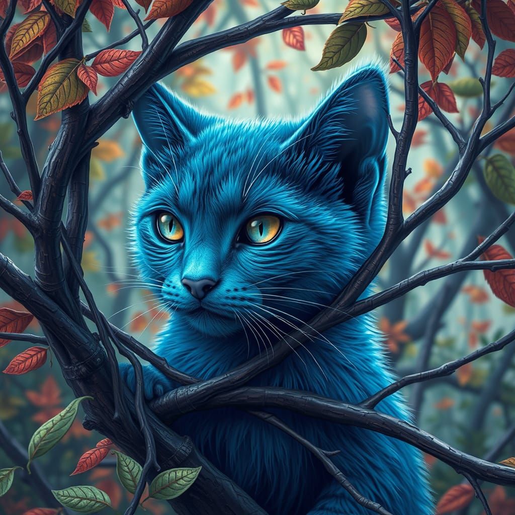 Stunning masterpiece, beautiful blue cat around tree branche...