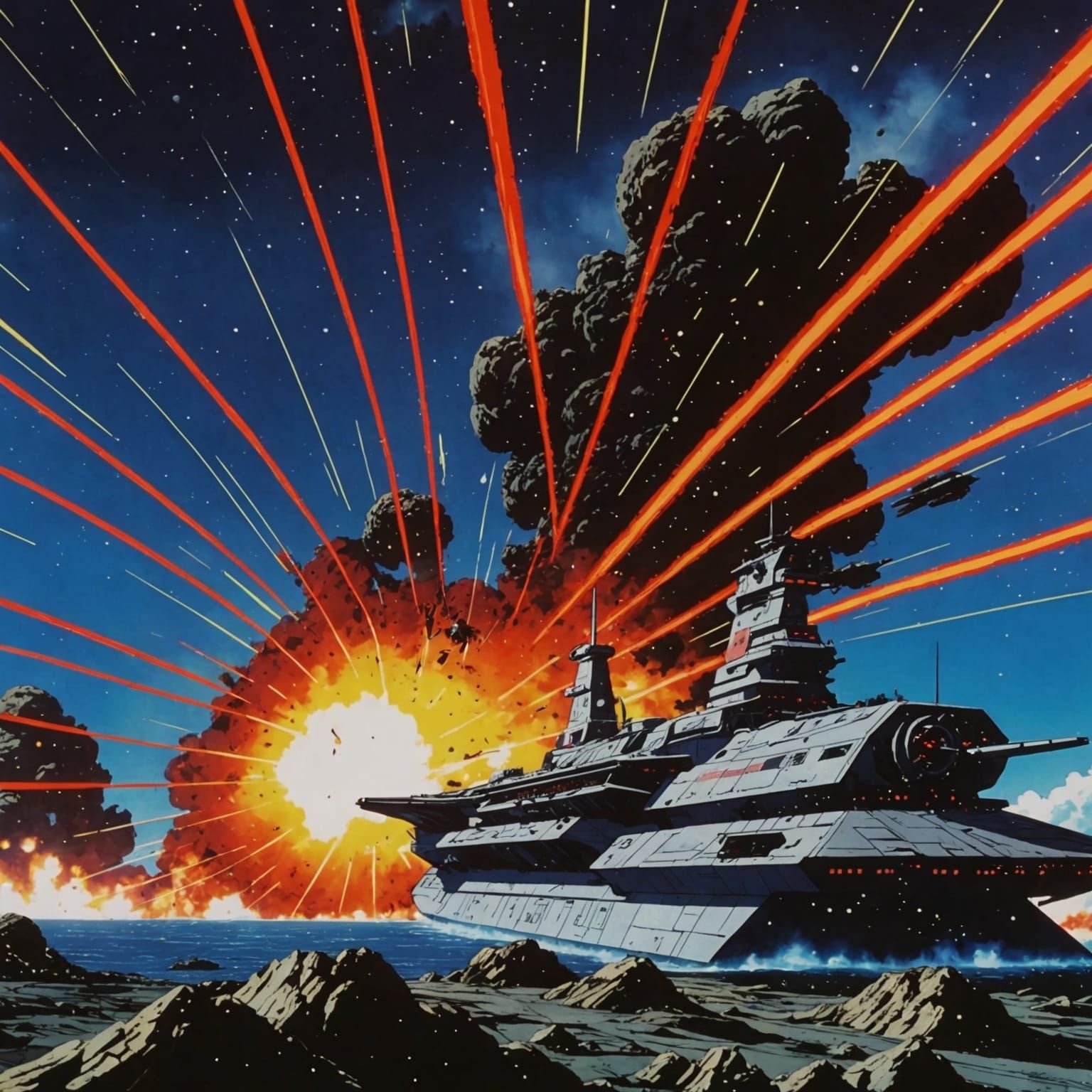Heavily Damaged Spaceship in Anime Space Battle