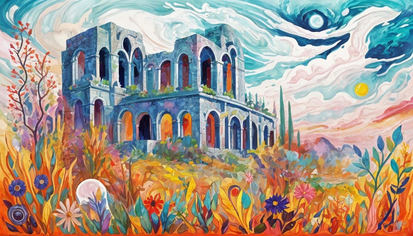 Cosmic Expressionism: Glass Ruins in Colorful Flora