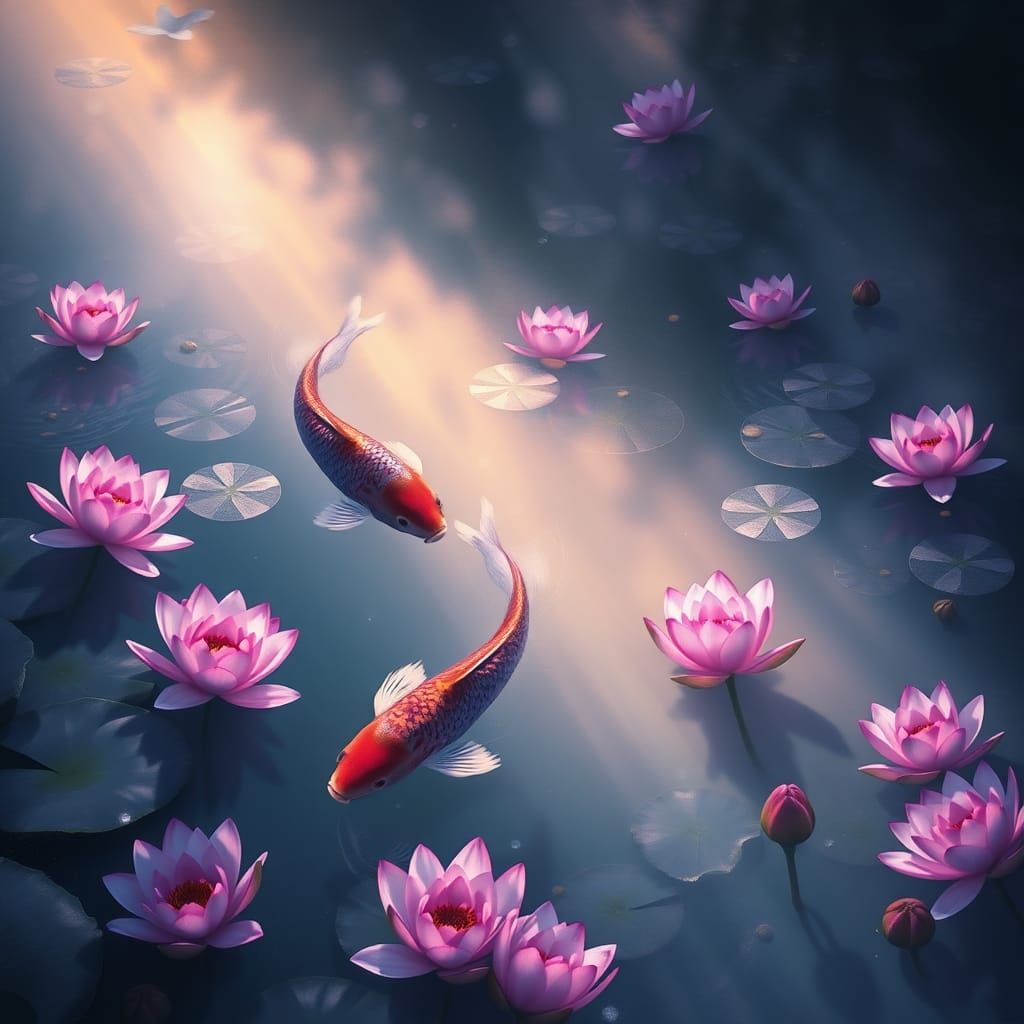 Koi Fish in Lotus Pond, Fantasy Art