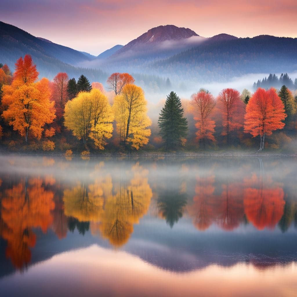 Misty Lake Sunrise Reflection in Autumn Colors