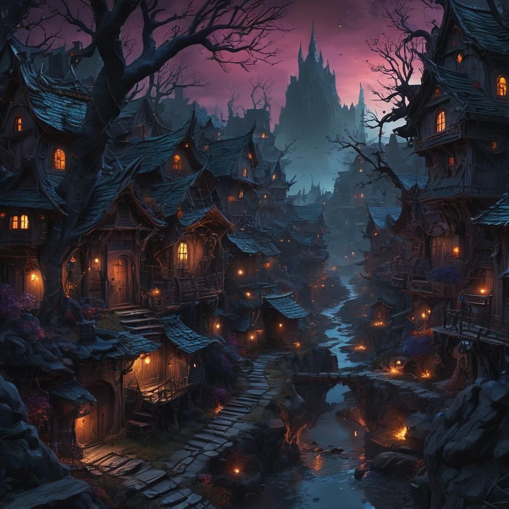 Demonic Village Landscape in Fantasy Concept Art