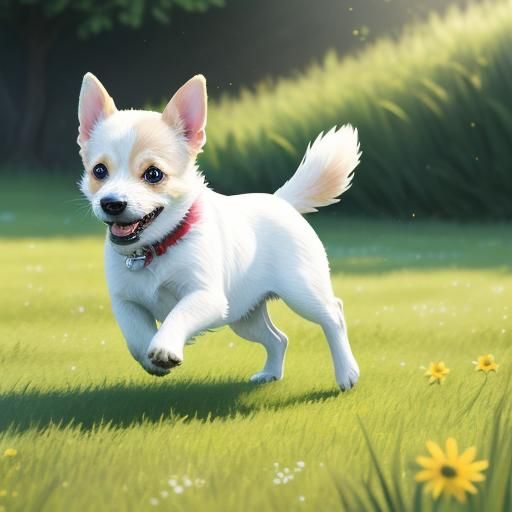 Joyful Dog Running in Meadow: Whimsical Digital Art