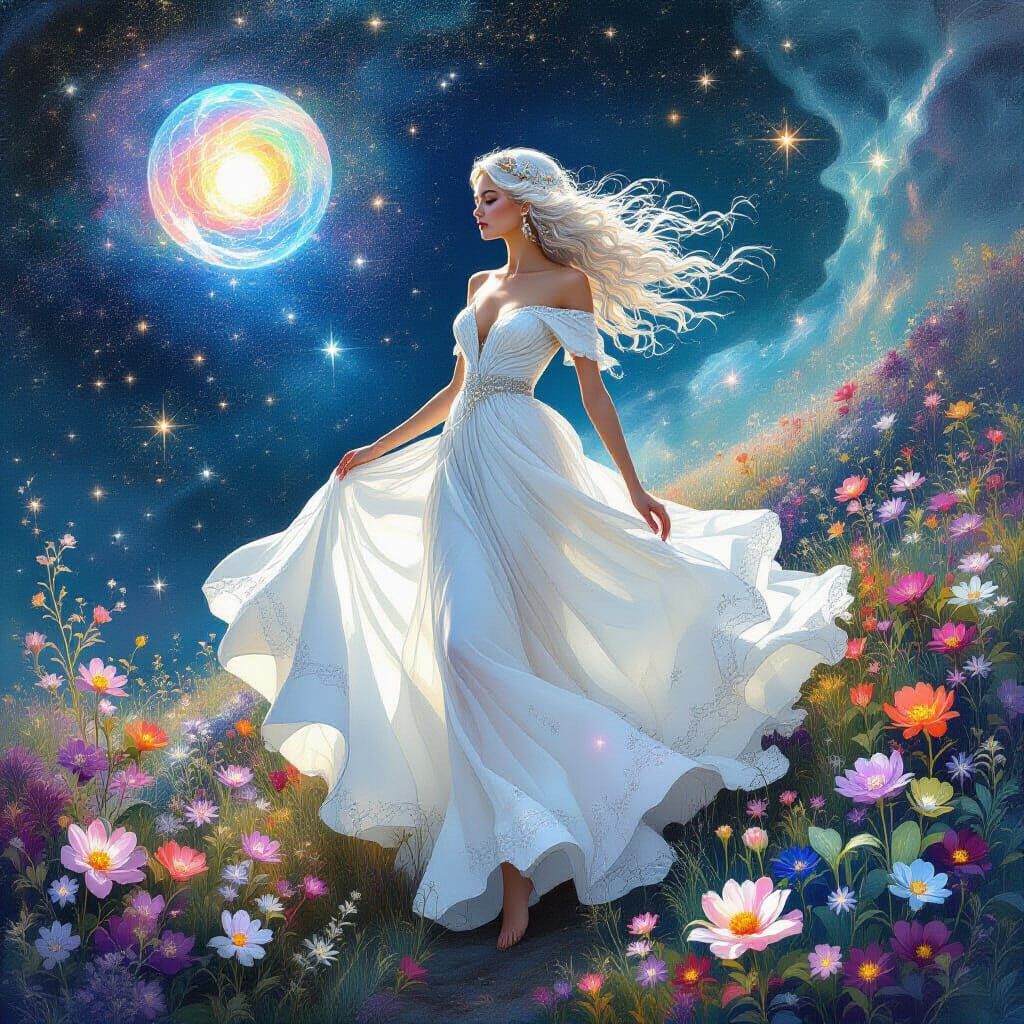 Cosmic Woman with Crystalline Hair in Surreal Landscape