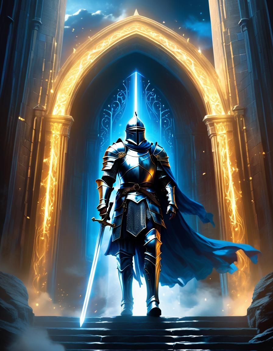Knight Guards Ethereal Stairway in Digital Painting