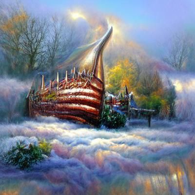 Ethereal Viking Ship in Fantasy Landscape