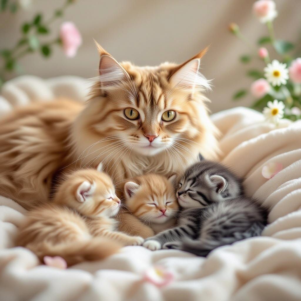 Mother Cat with Kittens in Springtime Setting, Digital Artwo...