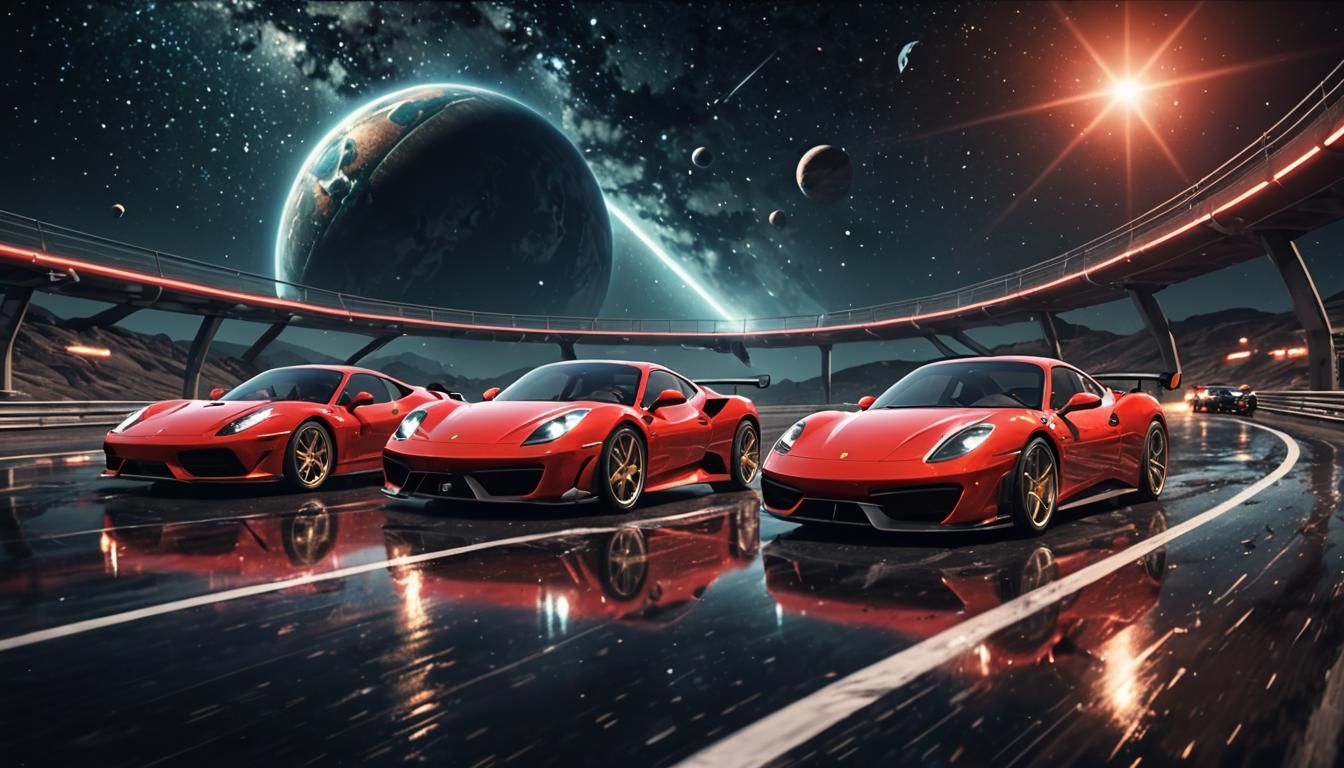 Sci-Fi Ferrari and Porsche Race on Space Track