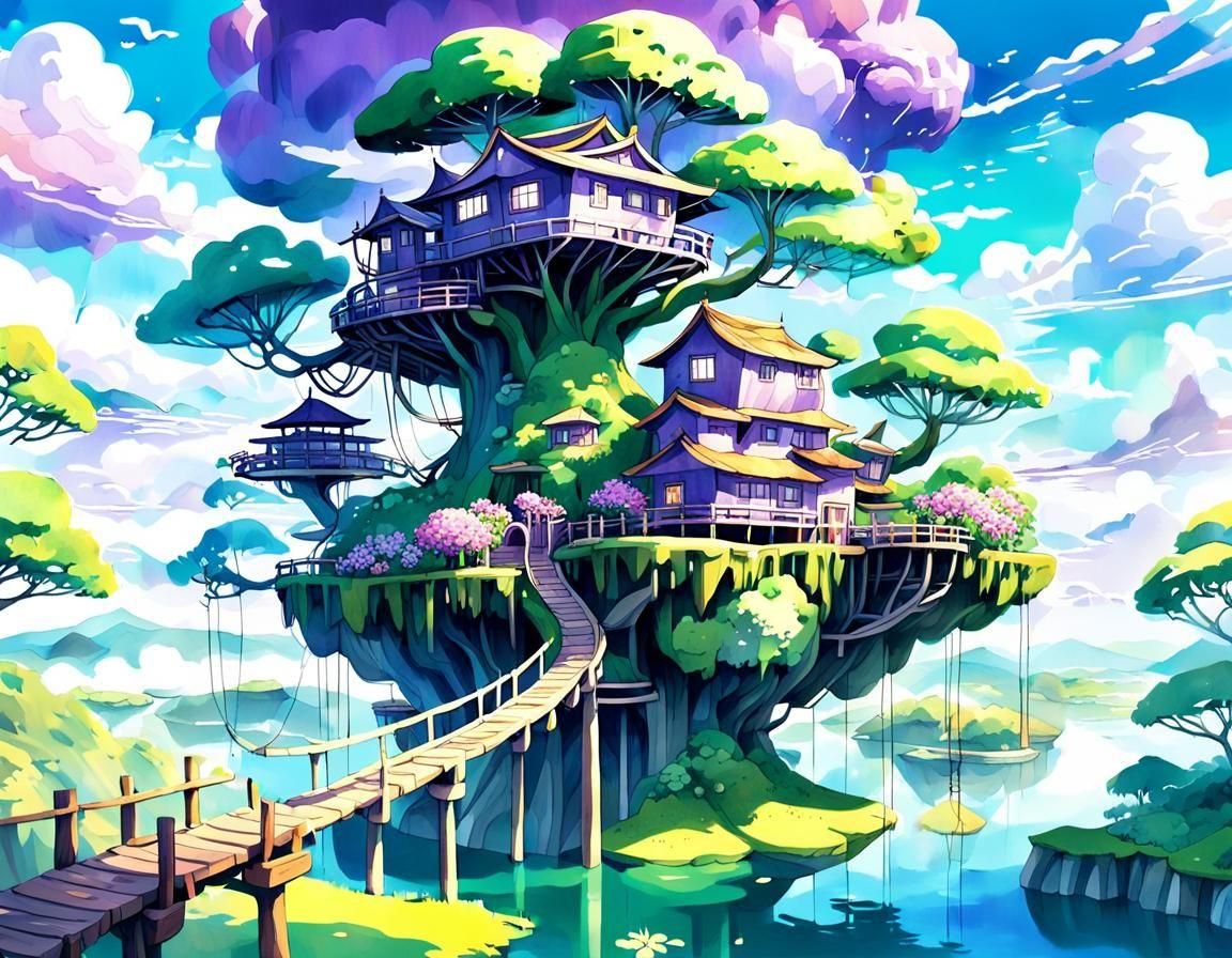 Anime-Style Treehouse on Floating Island Landscape