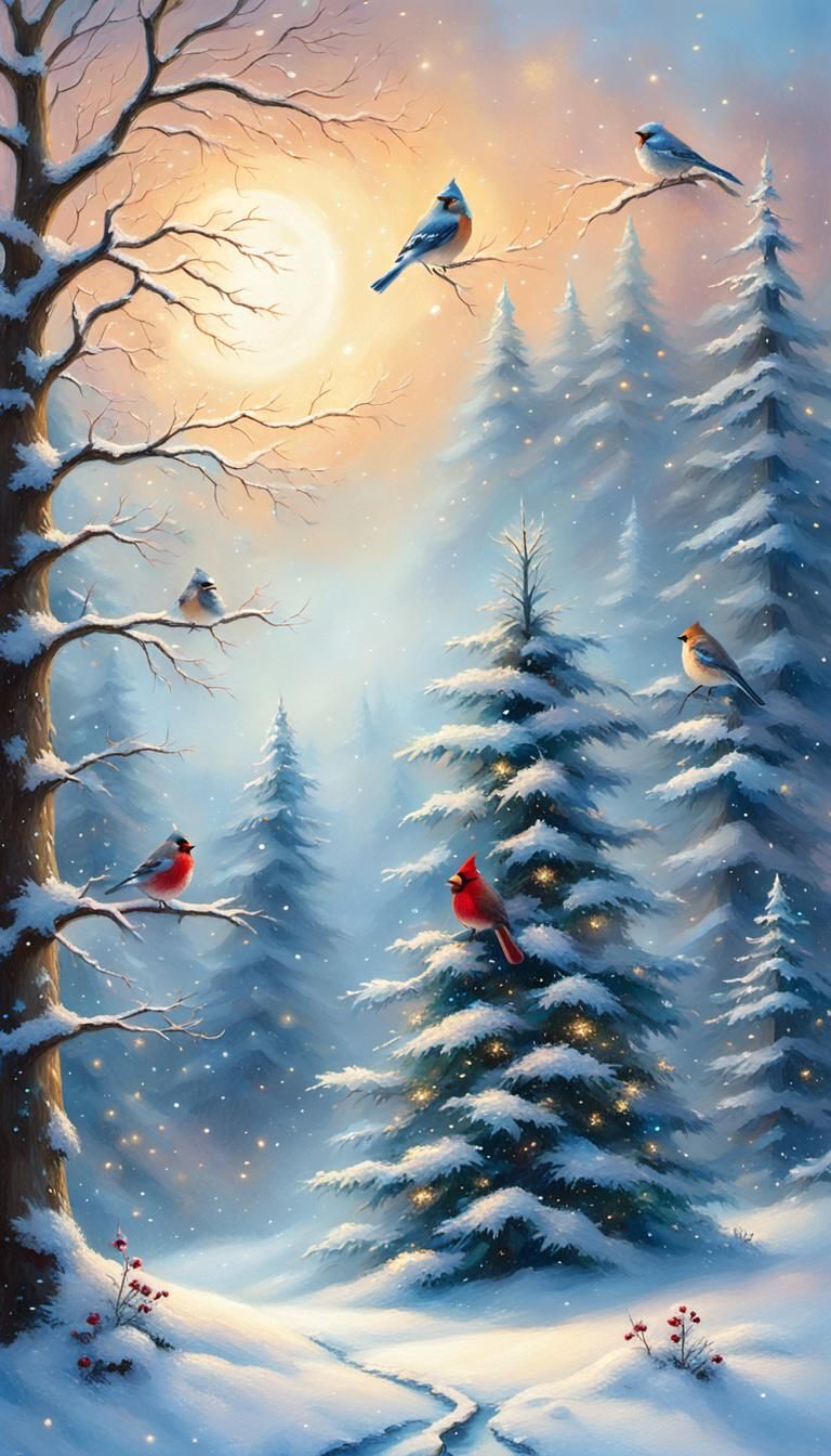 Winter Birds in Christmas Hats: Oil Painting Style