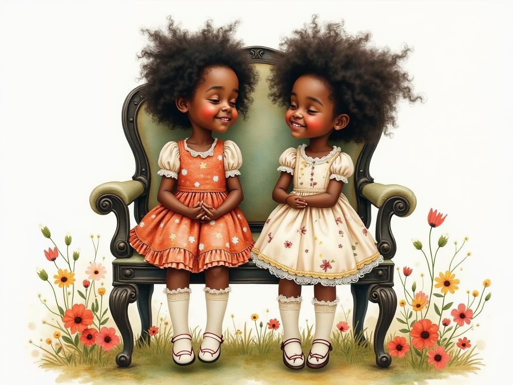 Playful Watercolor of Two Mischievous Little Girls