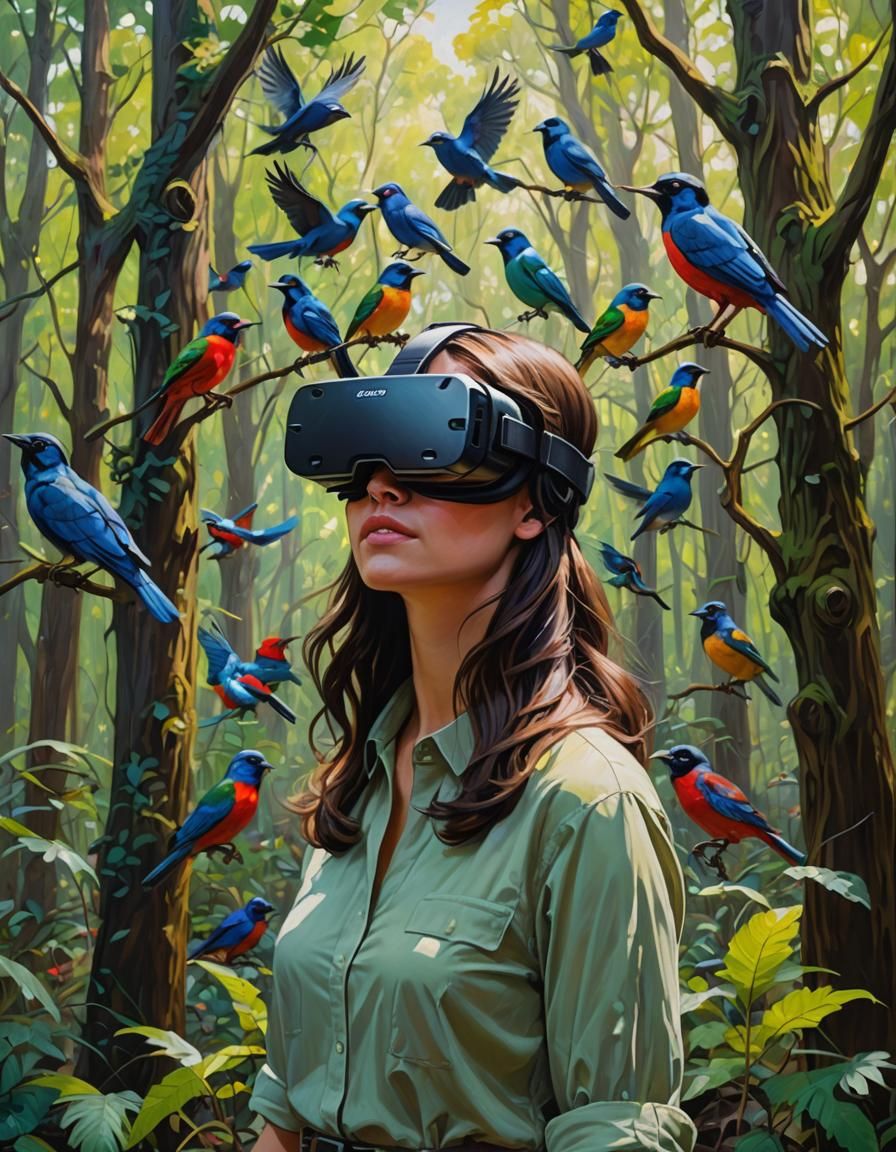 Brunette Girl in VR Headset in Forest, Oil Painting
