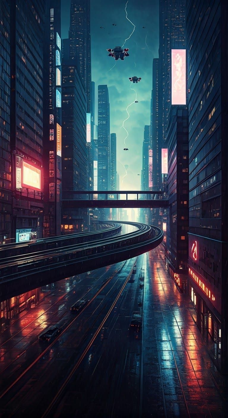 Cyberpunk Metropolis at Night in Vibrant Neon Hues