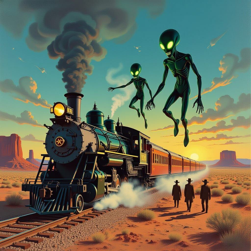Surreal Wild West Train Robbery with Alien Figures