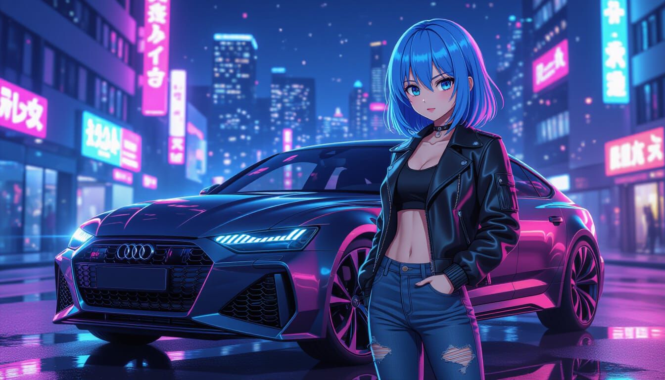 Anime Girl with Futuristic Audi RS6 in Neon City