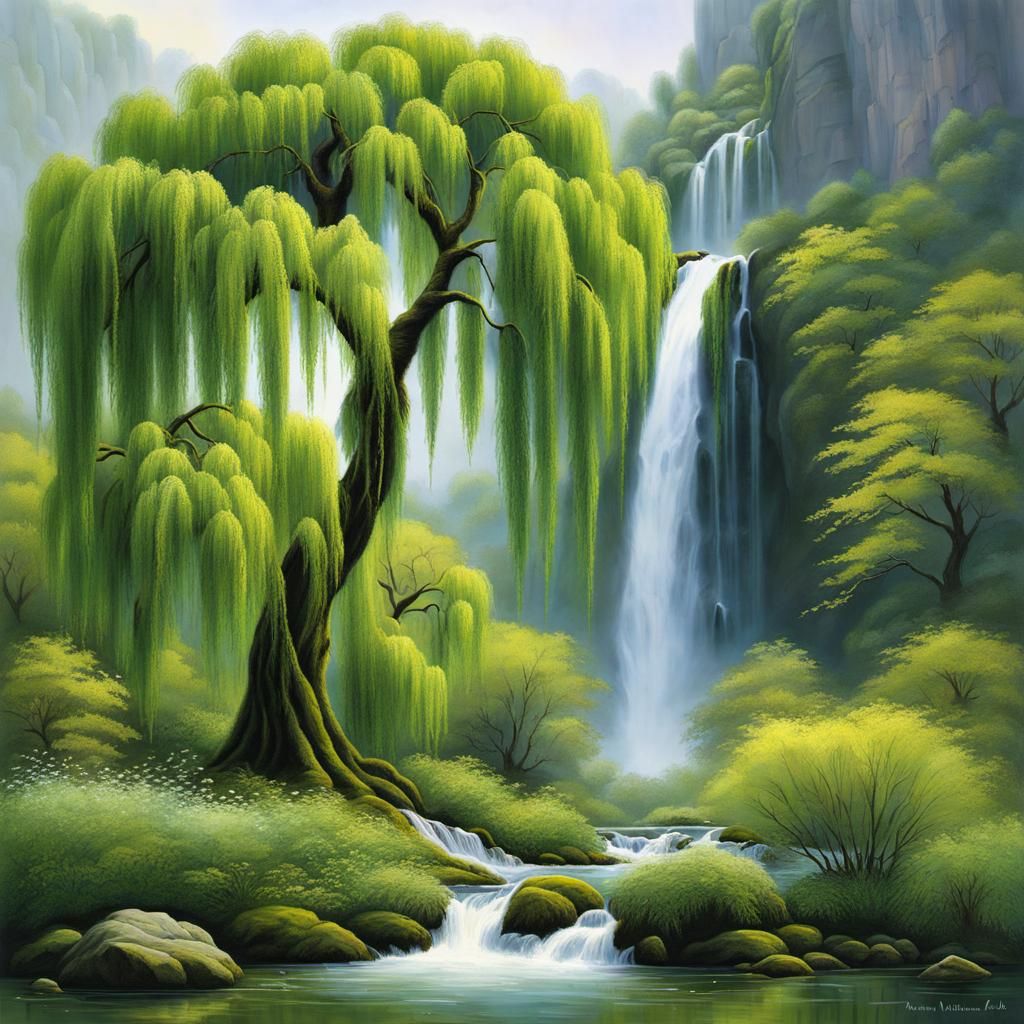 Weeping Willow and Waterfall: Whimsical Watercolor Landscape