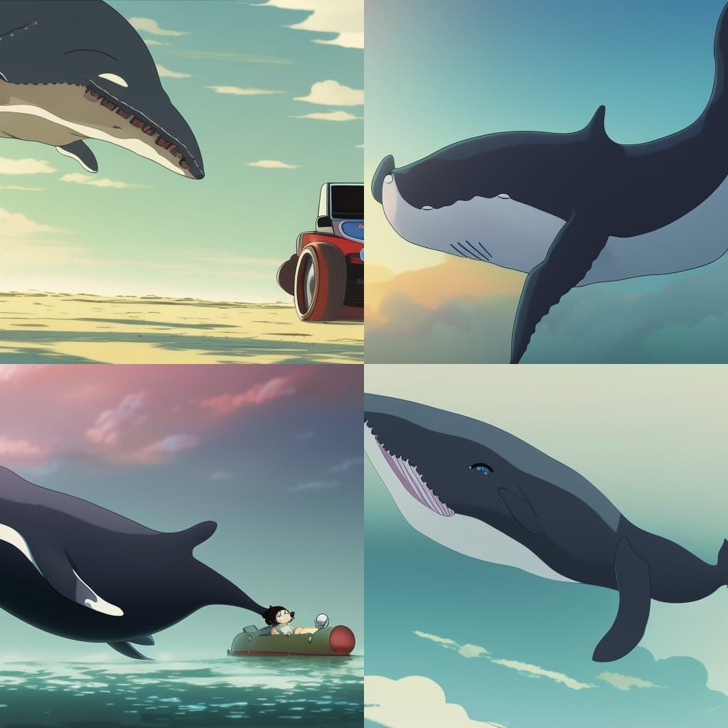 Whale Drives Car in Studio Ghibli Style