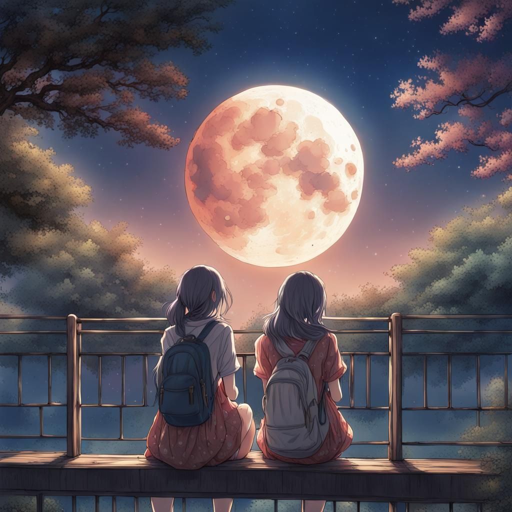 Anime Girls Watching Moon in Vivid Detail