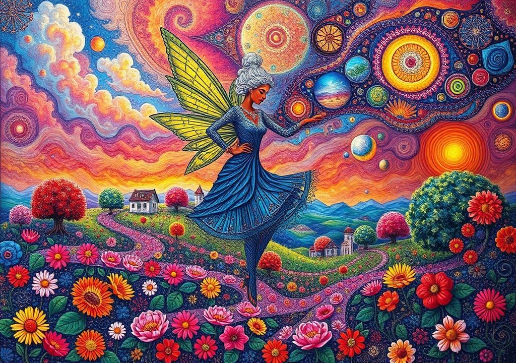 Surreal Landscape with Fractal and String Art Elements